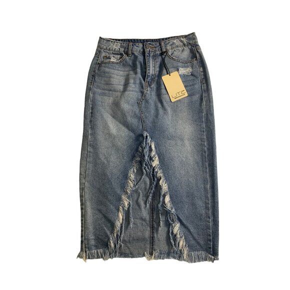 Litz Dresses & Skirts - Litz Y2K Distressed Denim Midi Skirt With Frayed Hem & Ripped Pockets Women's Sm